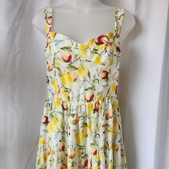 Aqua Fruit Medley Tiered Yellow Sweetheart Neckline Midi Sundress Size L - Picture 7 of 11
